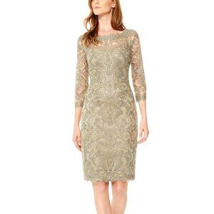 NWT Tadashi Shoji Dress Corded Embroidery On Tulle 3/4 Sleeve. Smoke Pearl Sz 2P
